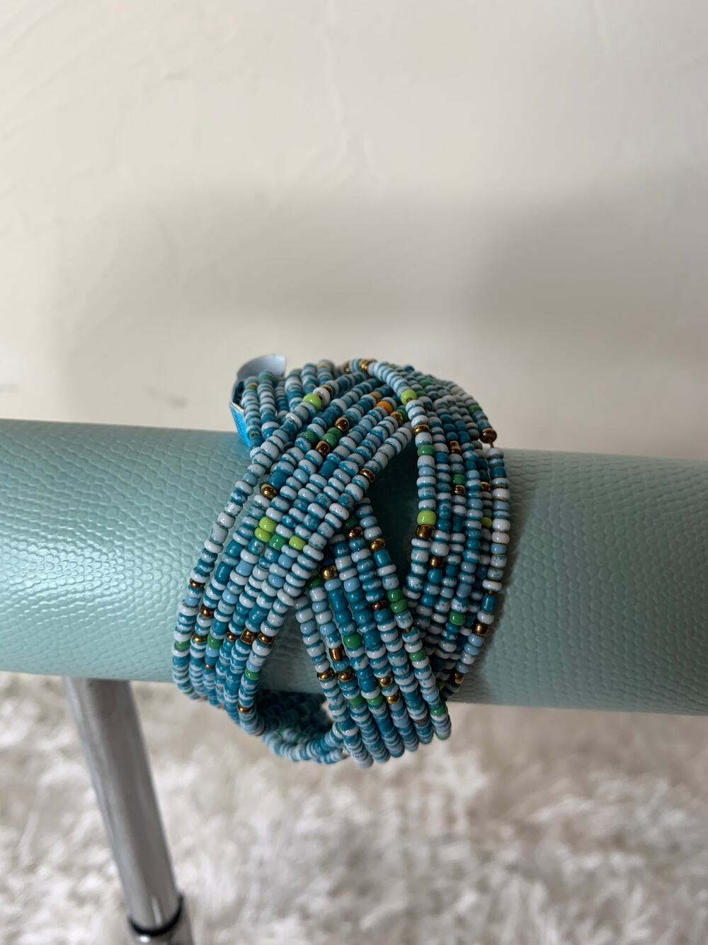 Blue Toned Seed Bead Bangle Cuff Bracelet Twisted  2" wide